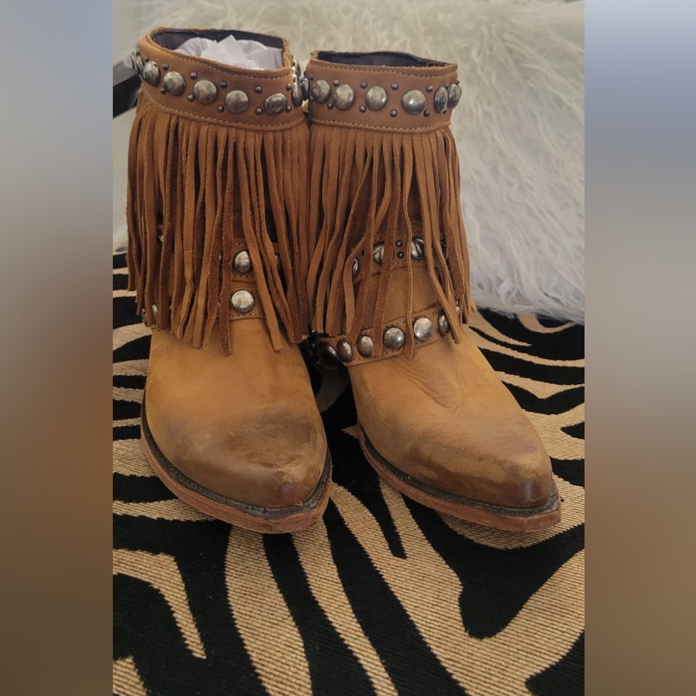 Fringed Tan Leather Boots with Silver Studs